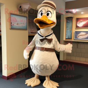 Beige Goose mascot costume character dressed with a Henley Tee and Tie pins