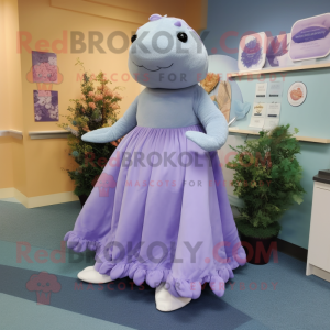 Lavender Stellar'S Sea Cow mascot costume character dressed with a Dress and Shoe clips