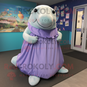 Lavender Stellar'S Sea Cow mascot costume character dressed with a Dress and Shoe clips