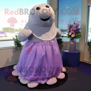 Lavender Stellar'S Sea Cow mascot costume character dressed with a Dress and Shoe clips