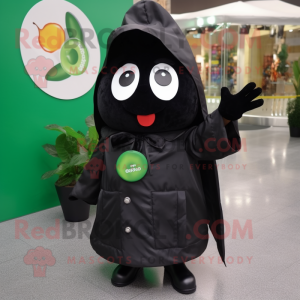 Black Zucchini mascot costume character dressed with a Raincoat and Brooches