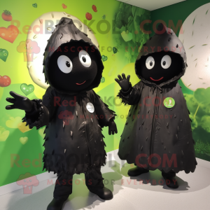 Black Zucchini mascot costume character dressed with a Raincoat and Brooches