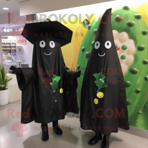 Black Zucchini mascot costume character dressed with a Raincoat and Brooches