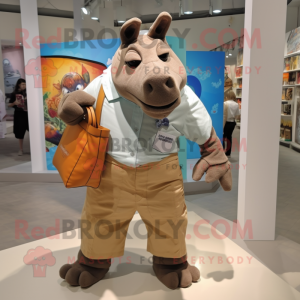 Tan Rhinoceros mascot costume character dressed with a Poplin Shirt and Tote bags