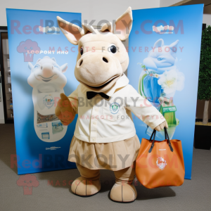 Tan Rhinoceros mascot costume character dressed with a Poplin Shirt and Tote bags