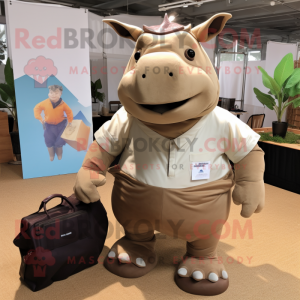 Tan Rhinoceros mascot costume character dressed with a Poplin Shirt and Tote bags