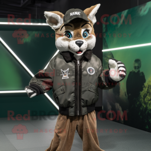 nan Lynx mascot costume character dressed with a Bomber Jacket and Clutch bags
