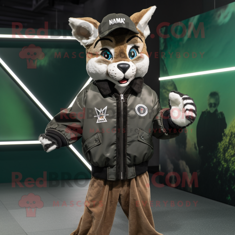 nan Lynx mascot costume character dressed with a Bomber Jacket and Clutch bags