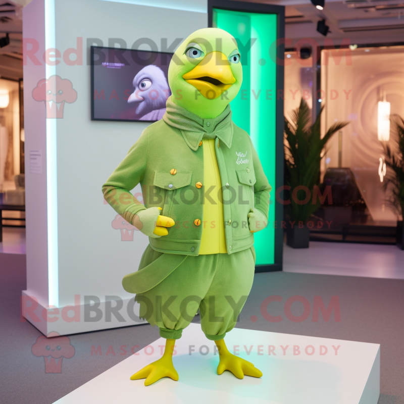 Lime Green Pigeon mascot costume character dressed with a Turtleneck and Earrings