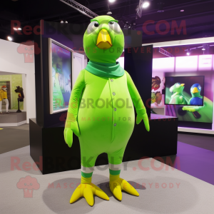 Lime Green Pigeon mascot costume character dressed with a Turtleneck and Earrings