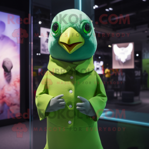 Lime Green Pigeon mascot costume character dressed with a Turtleneck and Earrings