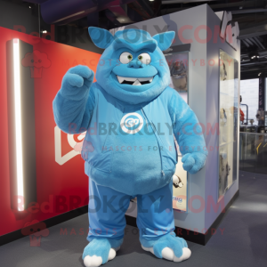 Sky Blue Ogre mascot costume character dressed with a Windbreaker and Caps