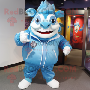 Sky Blue Ogre mascot costume character dressed with a Windbreaker and Caps