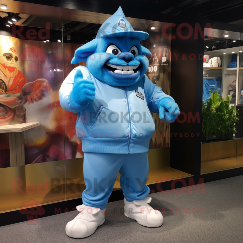 Sky Blue Ogre mascot costume character dressed with a Windbreaker and Caps Sky Blue Ogre mascot costume character dressed with a Windbreaker and Caps