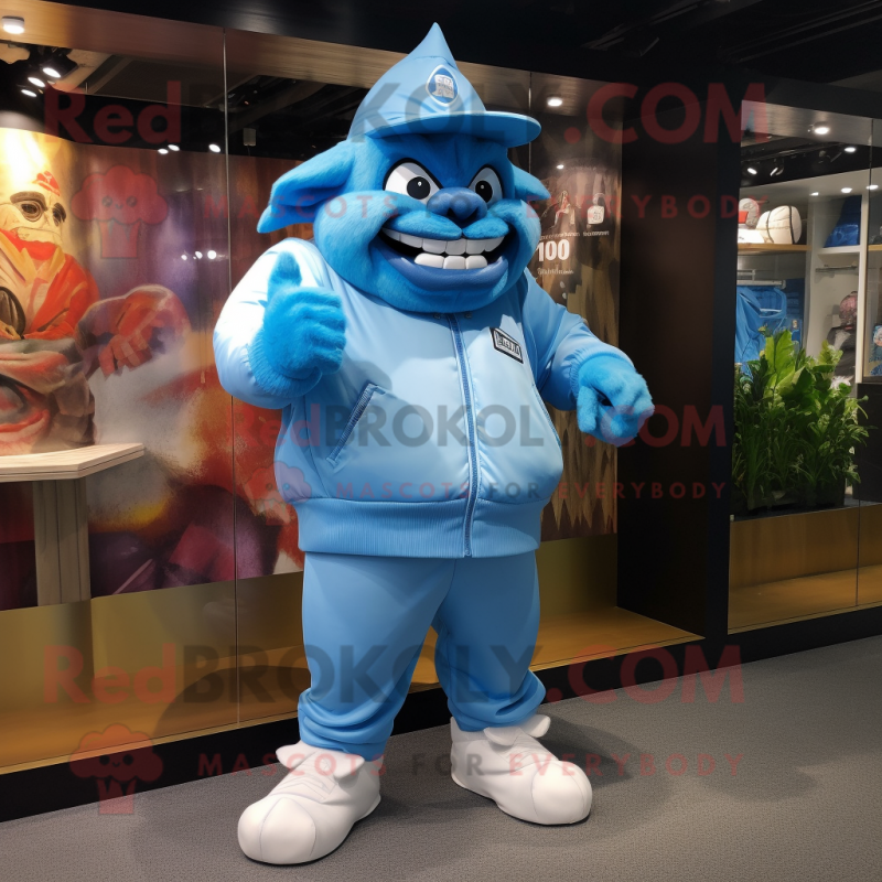 Sky Blue Ogre mascot costume character dressed with a Windbreaker and Caps