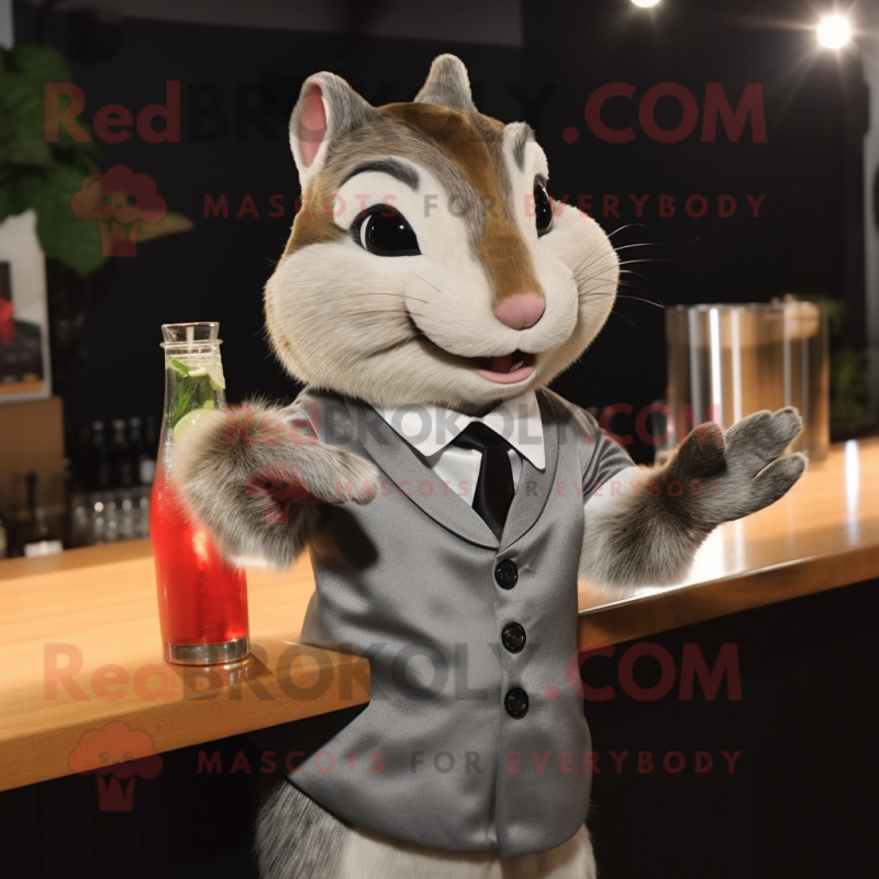 Gray Chipmunk mascot costume character dressed with a Cocktail Dress and Tie pins