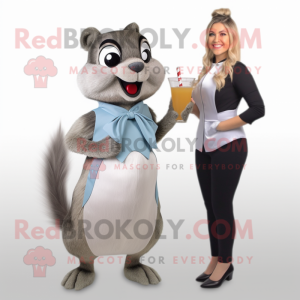 Gray Chipmunk mascot costume character dressed with a Cocktail Dress and Tie pins