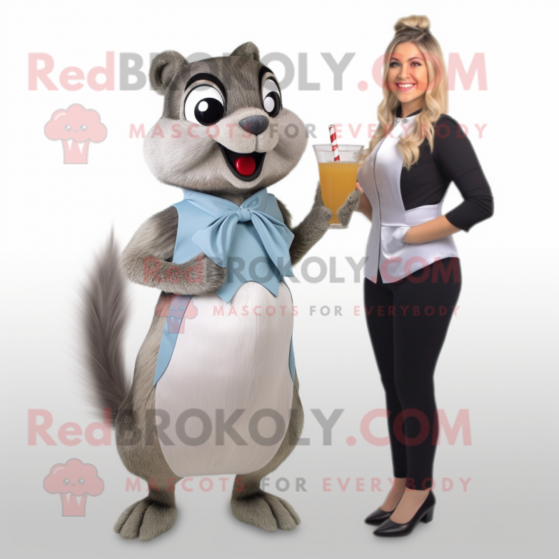 Gray Chipmunk mascot costume character dressed with a Cocktail Dress and Tie pins Gray Chipmunk mascot costume character dressed with a Cocktail Dress and Tie pins