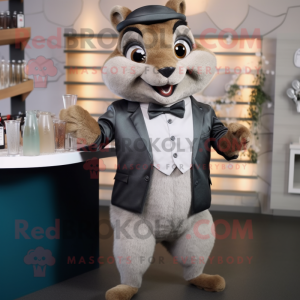 Gray Chipmunk mascot costume character dressed with a Cocktail Dress and Tie pins