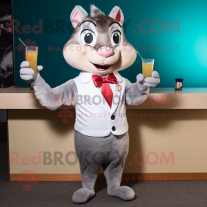 Gray Chipmunk mascot costume character dressed with a Cocktail Dress and Tie pins