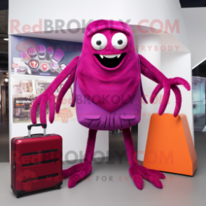 Magenta Spider mascot costume character dressed with a Coat and Briefcases