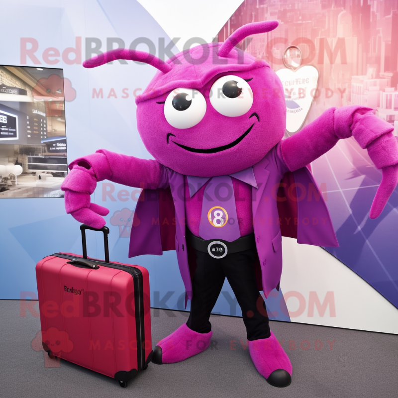 Magenta Spider mascot costume character dressed with a Coat and Briefcases Magenta Spider mascot costume character dressed with a Coat and Briefcases