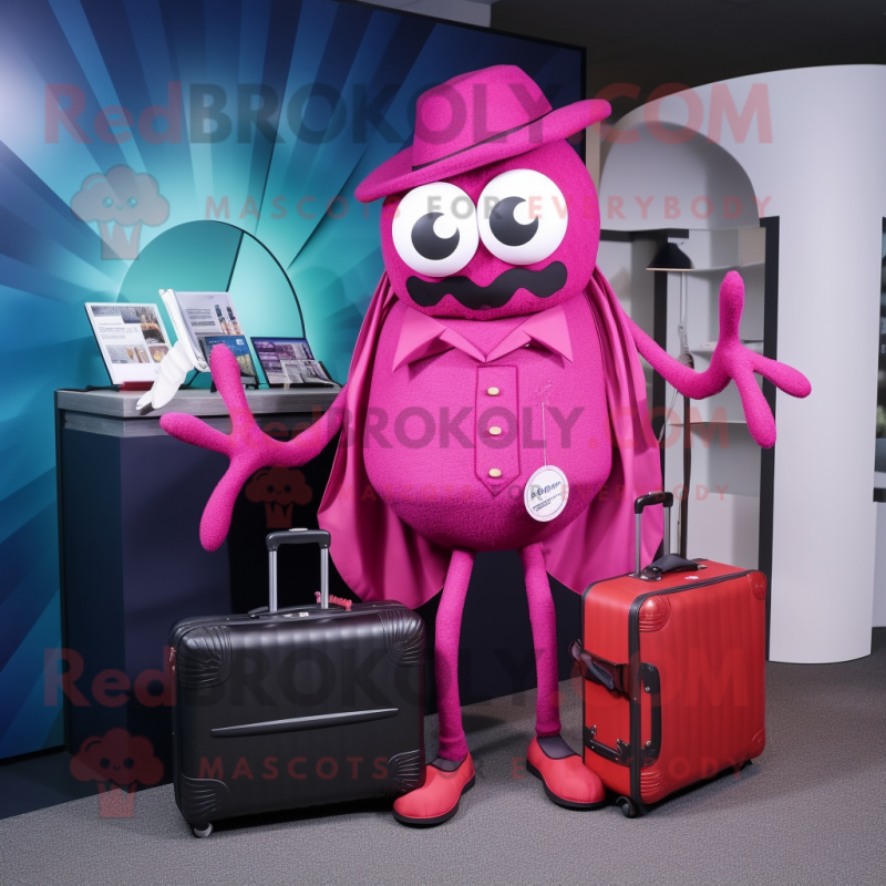 Magenta Spider mascot costume character dressed with a Coat and Briefcases