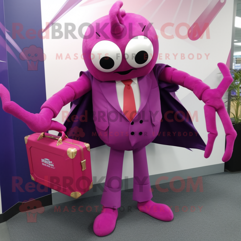 Magenta Spider mascot costume character dressed with a Coat and Briefcases