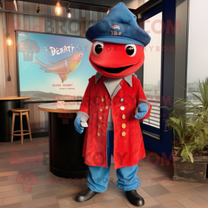 Red Swordfish mascot costume character dressed with a Boyfriend Jeans and Berets