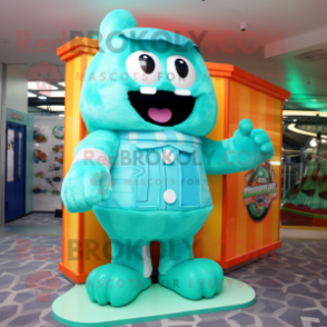 Cyan Candy Box mascot costume character dressed with a Cover-up and Suspenders