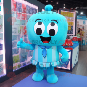 Cyan Candy Box mascot costume character dressed with a Cover-up and Suspenders