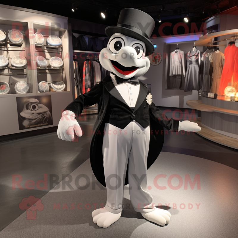 Gray Stilt Walker mascot costume character dressed with a Tuxedo and Bracelets Gray Stilt Walker mascot costume character dressed with a Tuxedo and Bracelets