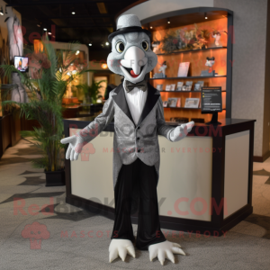 Gray Stilt Walker mascot costume character dressed with a Tuxedo and Bracelets