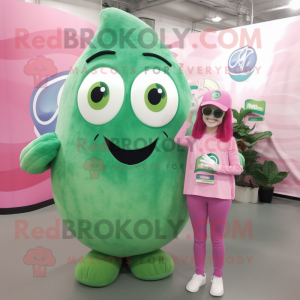 Pink Green Bean mascot costume character dressed with a Mom Jeans and Rings