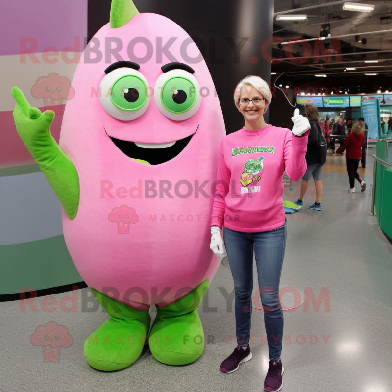 Pink Green Bean mascot costume character dressed with a Mom Jeans and Rings Pink Green Bean mascot costume character dressed with a Mom Jeans and Rings
