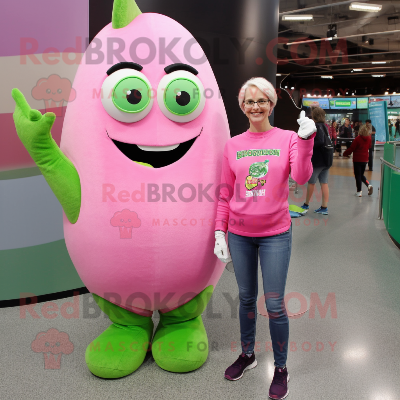 Pink Green Bean mascot costume character dressed with a Mom Jeans and Rings