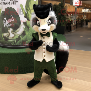 Olive Skunk mascot costume character dressed with a Empire Waist Dress and Pocket squares