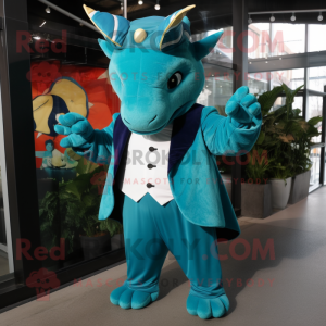 Turquoise Triceratops mascot costume character dressed with a Tuxedo and Mittens