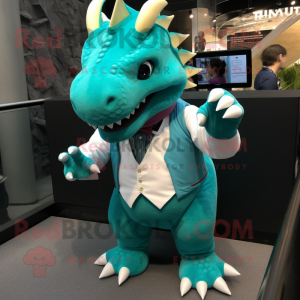 Turquoise Triceratops mascot costume character dressed with a Tuxedo and Mittens