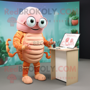 Peach Trilobite mascot costume character dressed with a Playsuit and Reading glasses