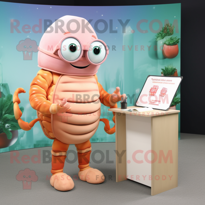 Peach Trilobite mascot costume character dressed with a Playsuit and Reading glasses Peach Trilobite mascot costume character dressed with a Playsuit and Reading glasses