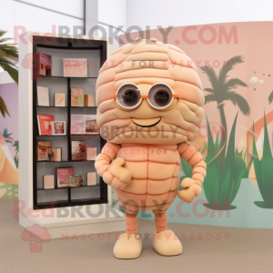 Peach Trilobite mascot costume character dressed with a Playsuit and Reading glasses