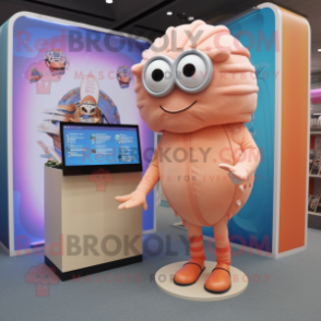 Peach Trilobite mascot costume character dressed with a Playsuit and Reading glasses