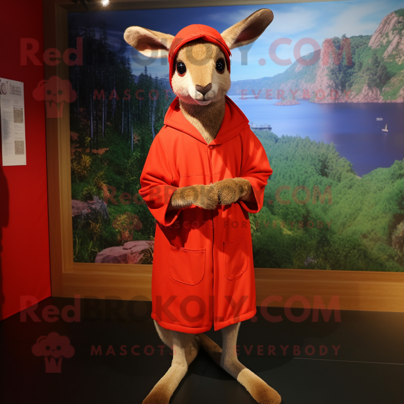 Red Kangaroo mascot costume character dressed with a Wrap Dress and Beanies