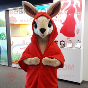 Personagem de fantasia de mascote de canguru vermelho vestido com