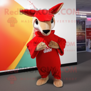 Red Kangaroo mascot costume character dressed with a Wrap Dress and Beanies