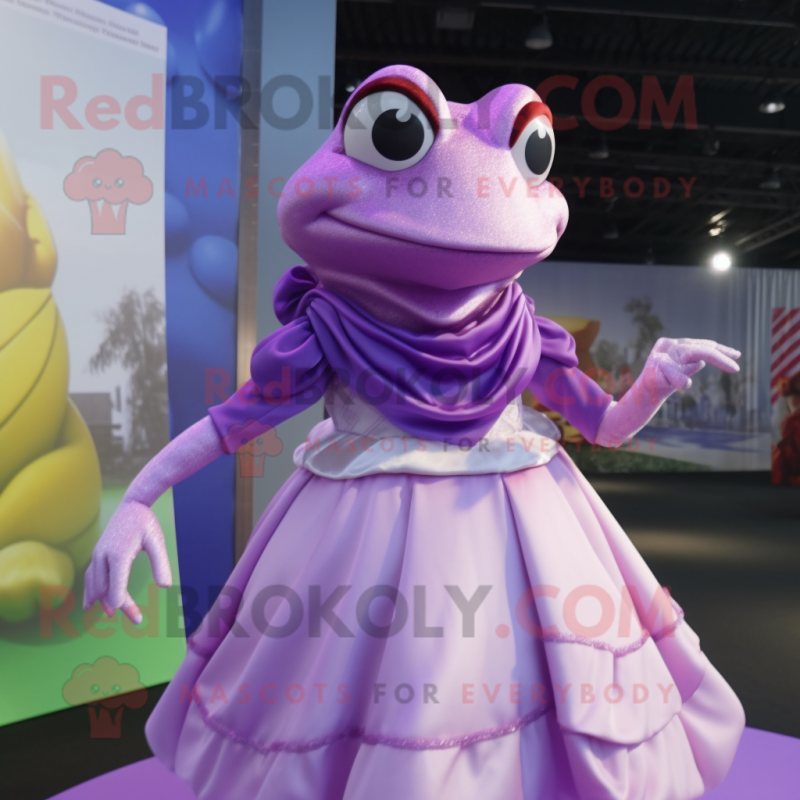 Lavender Frog mascot costume character dressed with a Ball Gown and Wraps