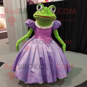 Lavender Frog mascot costume character dressed with a Ball Gown and Wraps