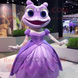 Lavender Frog mascot costume character dressed with a Ball Gown and Wraps