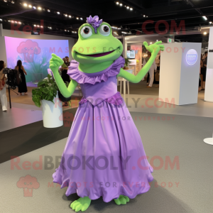 Lavender Frog mascot costume character dressed with a Ball Gown and Wraps